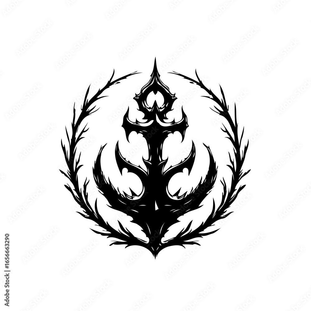 Poster mystical dark emblem with thorny branches creating a wreath, design, perfect for graphic usage and h