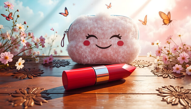 A red lipstick is sitting on a wooden table next to a fluffy cloud
