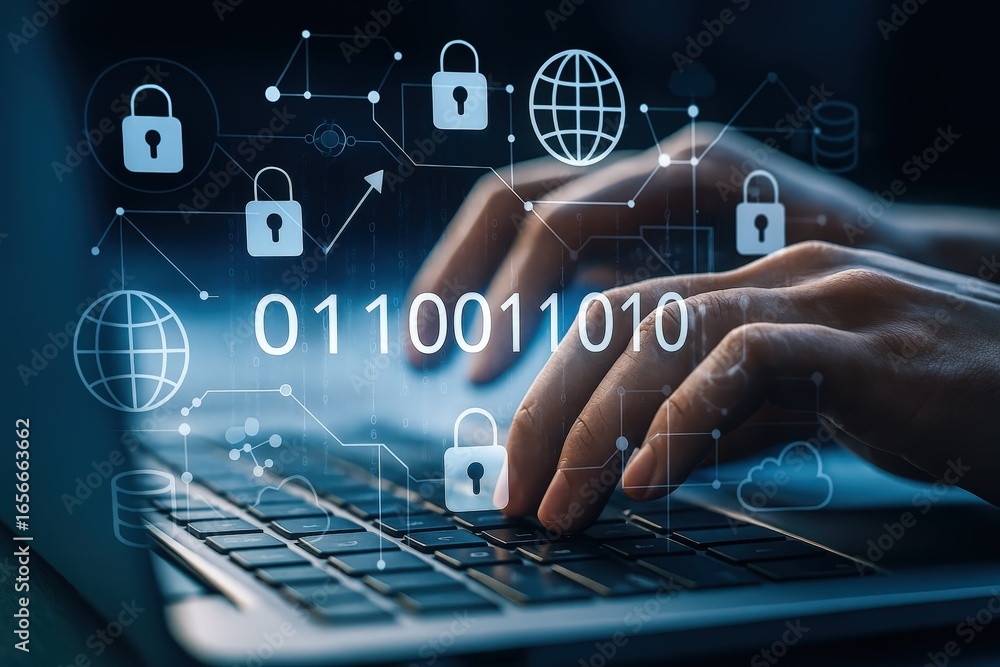 Poster a person types on a laptop keyboard with binary code and security icons overlaid, creating a captiva