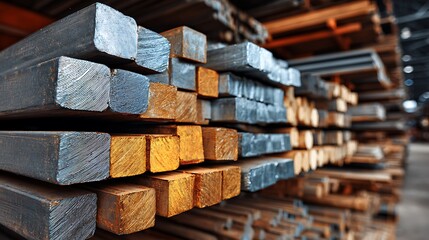 Metal Bars Stacked in Warehouse Ready for Industrial Manufacturing Work