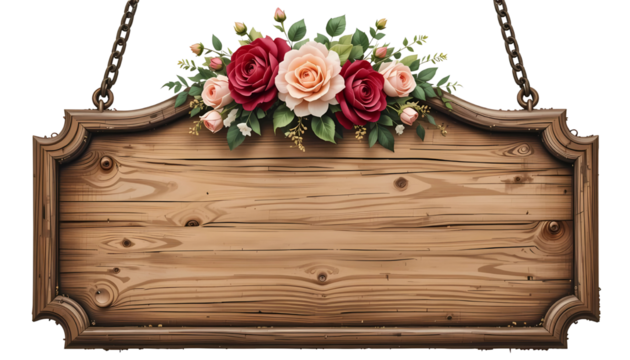 Wooden Sign with Hanging Chains and Watercolor Roses, Transparent Background PNG for Wedding Welcome Signs, Event Banners, and Decorative Designs.