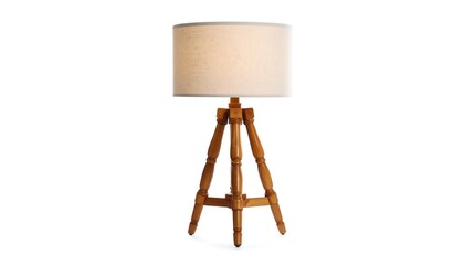 Wooden tripod table lamp with beige shade.