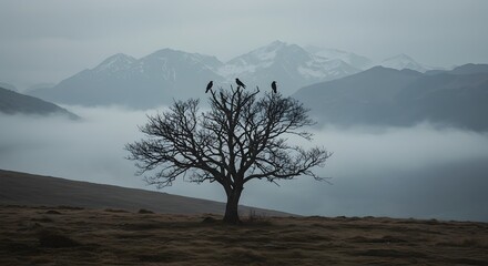  Lone Tree with Crows in Misty Mountains