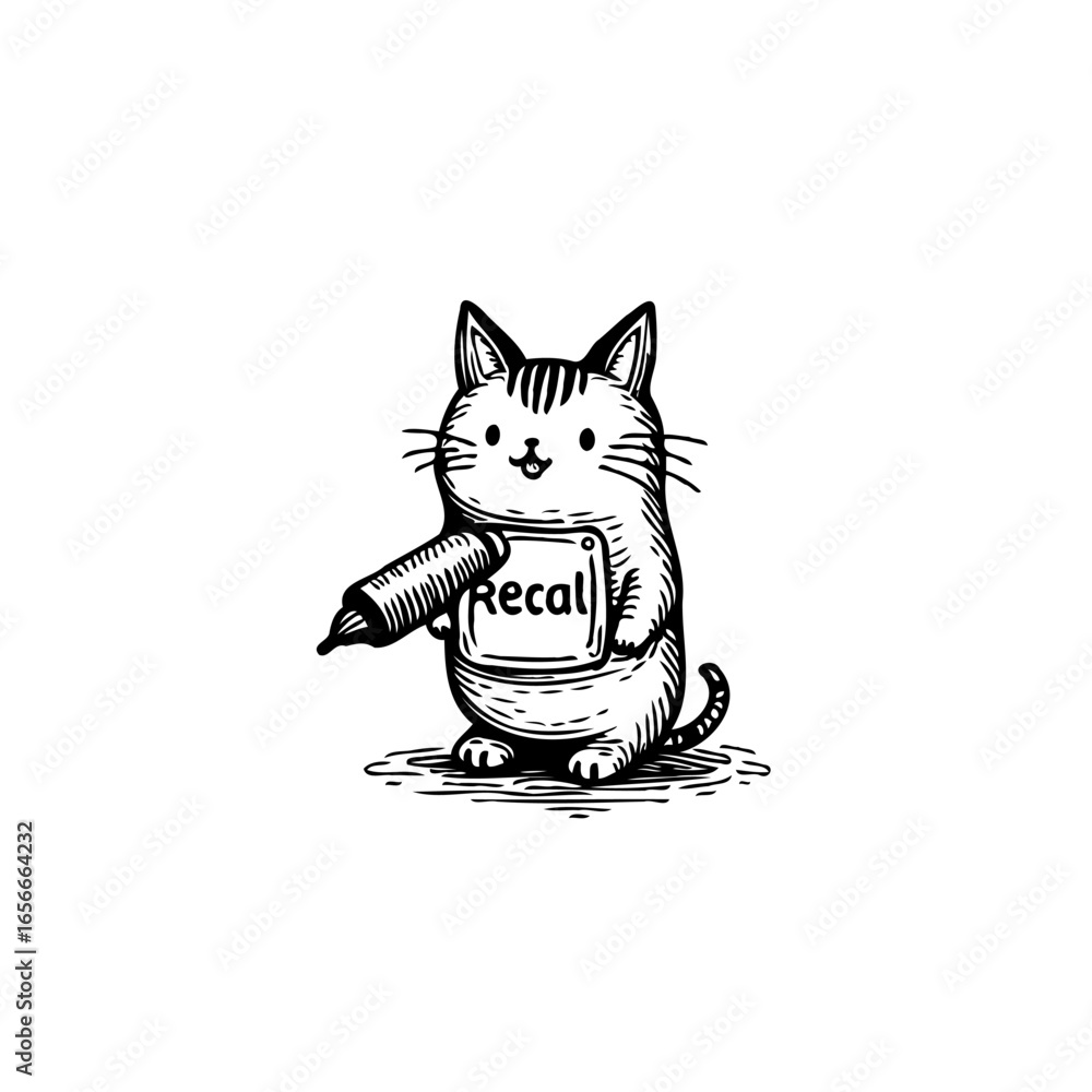 Poster adorable cat illustration with recall sign and marker displaying memory learning education process a