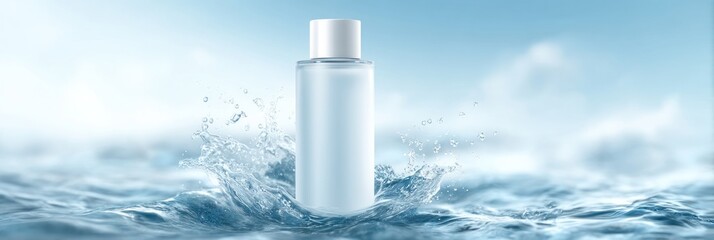 Cosmetic bottle mockup with water splash for skincare and beauty product ads