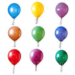 Nine colorful balloons floating against a black background