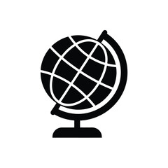 Simple black and white icon of a globe on a stand