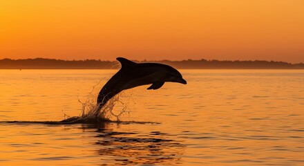 Fototapeta premium A dolphin leaps from the water at sunset creating a splash with a warm orange sky in the background