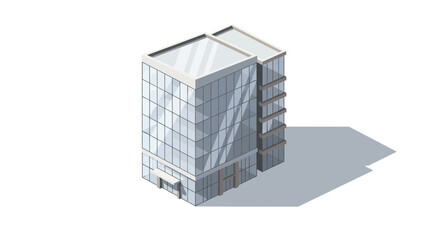 Isometric depiction of a modern glass building on a white background