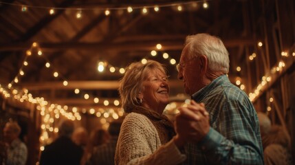 Couple sharing a romantic moment dancing under warm lights