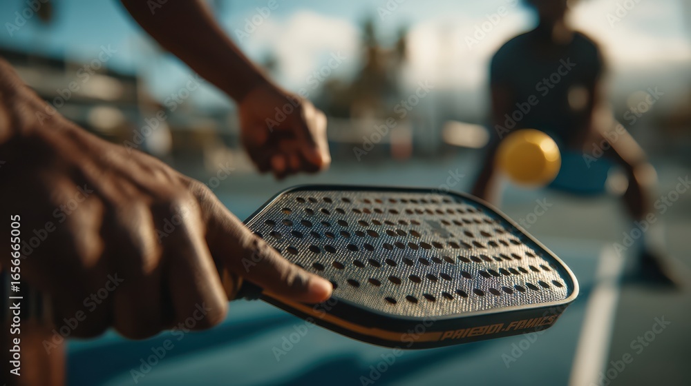 Poster a close-up of a player preparing to hit a ball with a paddle, showcasing a dynamic moment in a racqu