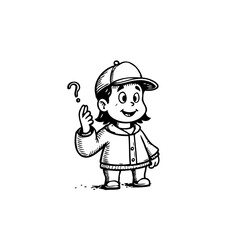 Curious cartoon child illustration with question mark poses a thoughtful concept in monochrome art