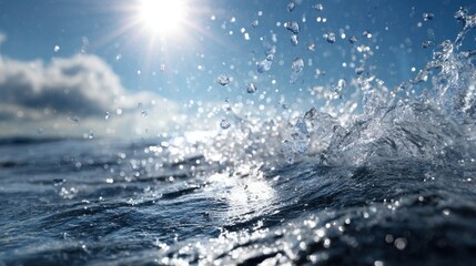 Splashing ocean wave with sun shining through water droplets in the blue sky