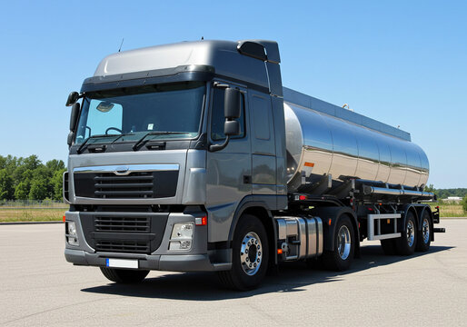 A gray tanker truck with a shiny metal tank is parked on a paved surface under a clear blue sky