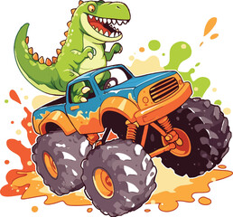 Dinosaur Monster Truck Adventure: A vibrant illustration captures the thrill of a playful dinosaur driving a massive monster truck, set against a colorful, splashy backdrop.