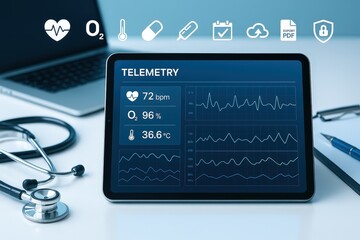 Digital telemetry display with vital signs and graphs on a tablet, alongside medical equipment.