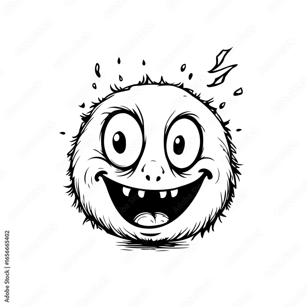 Poster cartoon fluffy character with expressive eyes and a cheerful grin in monochrome rendering for design