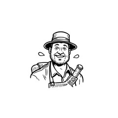 Happy vintner character illustration holding wine bottle with hat, expressing his passion and joy for winemaking with his vineyard