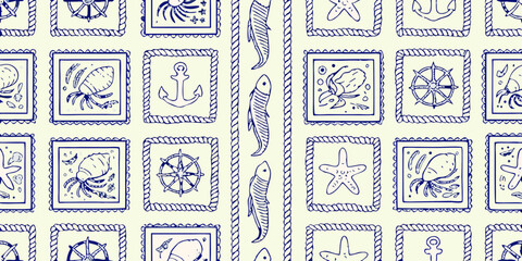 Hand-drawn nautical motifs in squares with rope border on light background marine pattern