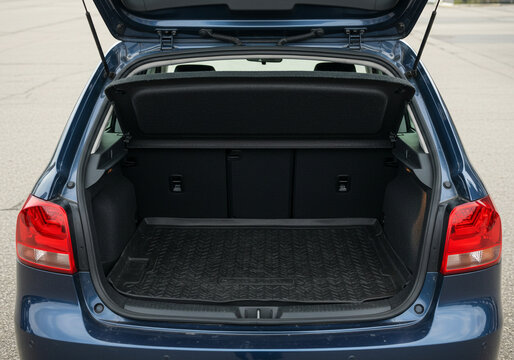 Open trunk of a dark blue hatchback car showcasing the empty cargo area and the rear lights