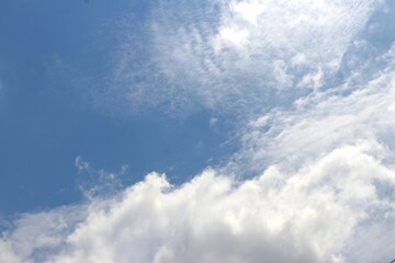 Bright blue sky with soft, fluffy white clouds drifting peacefully, creating a serene and refreshing view of nature’s beauty. Suitable for nature and simple background.