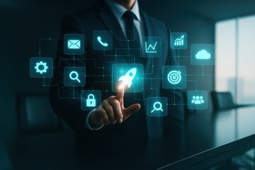 Fototapeta premium A businessperson interacts with a glowing digital interface, showcasing a network of interconnected application icons, including a rocket symbol, symbolizing innovation and connectivity.