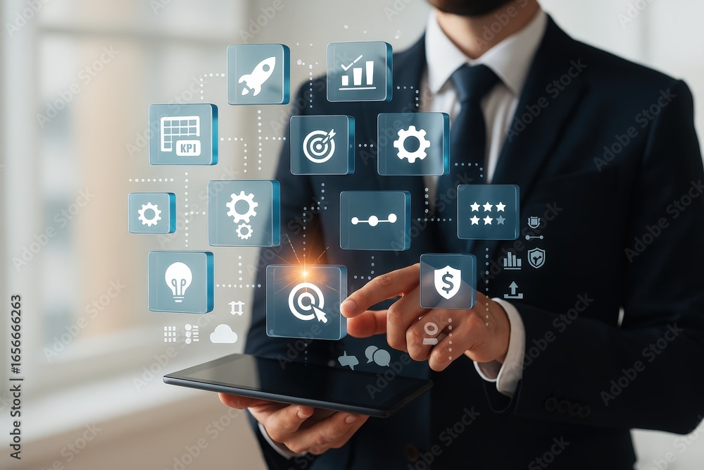 Aufkleber a business professional interacts with a digital interface displaying various business icons and met