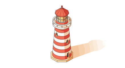 Isometric lighthouse with red and white stripes on a clean white background