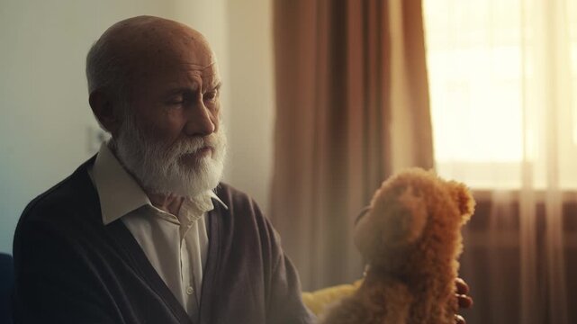 Unhappy elderly man missing family, hugging plush toy and feeling very lonely