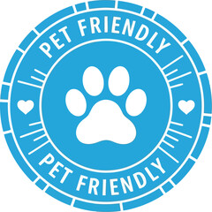 Blue circular pet friendly badge with white paw print and hearts indicating a welcoming environment for animals © Safwan Creatives