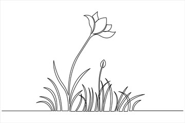 Naklejka premium Continuous line meadow grass with floral element minimalist botanical vector illustration