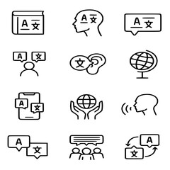 Language Vector Icon Set  Adjustable Line Weight  Interpreter, multilingual, dictionary, speech, communication, global, voice translator, learning, international, conversation, localization icons