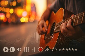 Obraz premium A person plays an acoustic guitar outdoors at night, showcasing music controls overlaid.