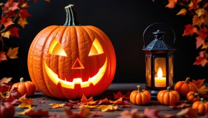 Obraz premium The image showcases a festive Halloween scene set against a dark backdrop, The main focus is a large, carved pumpkin with a classic jack o lantern face, illuminated from within