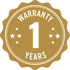 Golden circular badge with the text warranty one year and small stars symbolizing guarantee and product protection
