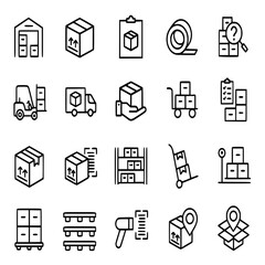 Warehouse Inventory Vector Icon Set  Adjustable Line Weight  Storage, logistics, delivery, packaging, barcode, forklift, shipping, pallet, stock, tracking, management, cargo, supply chain icons