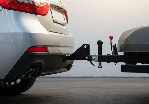 Close up of a silver car with a black trailer hitch and a gray trailer attached to the back