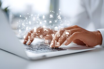 Dynamic digital connection visualized as glowing icons emanate from hands typing on a laptop keyboard, representing global connectivity and information flow.