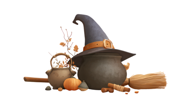 Witch hat, broomstick, and cauldron concept on white background