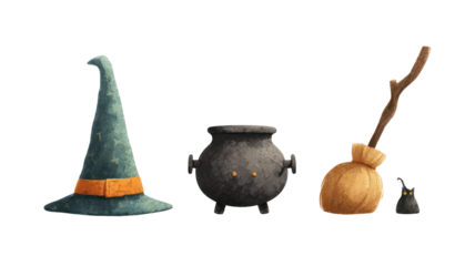 Witch hat, broomstick, and cauldron concept on white background