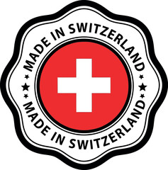 Official made in switzerland emblem featuring the swiss flag and a scalloped border signifying quality and origin