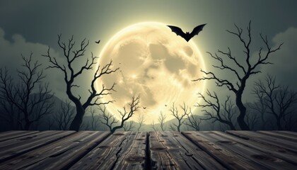 A dramatic, spooky scene dominated by a large, glowing full moon that casts an eerie light across the landscape, The moon is centrally positioned in the background