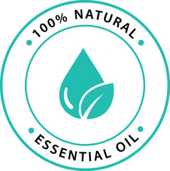 Circular stamp emblem with turquoise droplet and leaves signifying 100 percent natural essential oil product