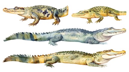 Fototapeta premium Colorful crocodile with teeth, watercolor illustration on a white background in a realistic style. Template. Hand drawing. Close-up. Clip art