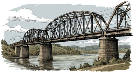 Fototapeta premium Stylized illustration of a truss bridge spanning a reflective river landscape