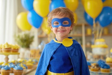 Child superhero celebrates birthday in joyful party with balloons, snacks and cape