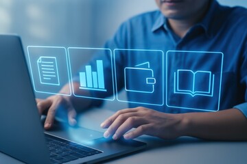 A person interacts with a holographic interface on a laptop, displaying document, chart, wallet, and book icons.