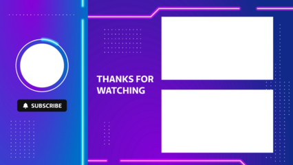 Cyberpunk gamer style end screen for YouTube in 4K. Features glowing neon lines, subscribe button, and placeholders for like, comment, share. With alpha channel and green screen.