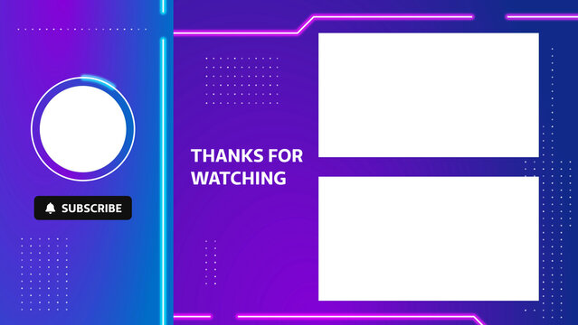 Cyberpunk gamer style end screen for YouTube in 4K. Features glowing neon lines, subscribe button, and placeholders for like, comment, share. With alpha channel and green screen.