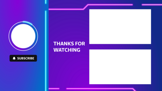 Futuristic end screen for YouTube in 4K. Cyberpunk, gamer style with neon lights, subscribe button, and placeholders on alpha channel. Perfect for content creators and streamers.